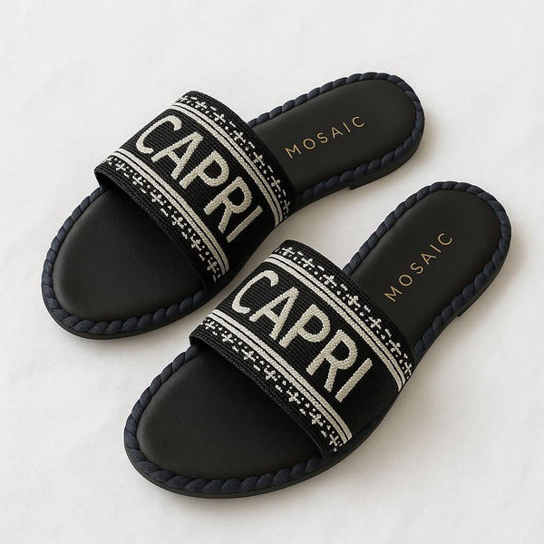 MOSAIC CAPRI SLIDES BLACK / CREAM EMBROIDERED STRAP (WOMEN’S)